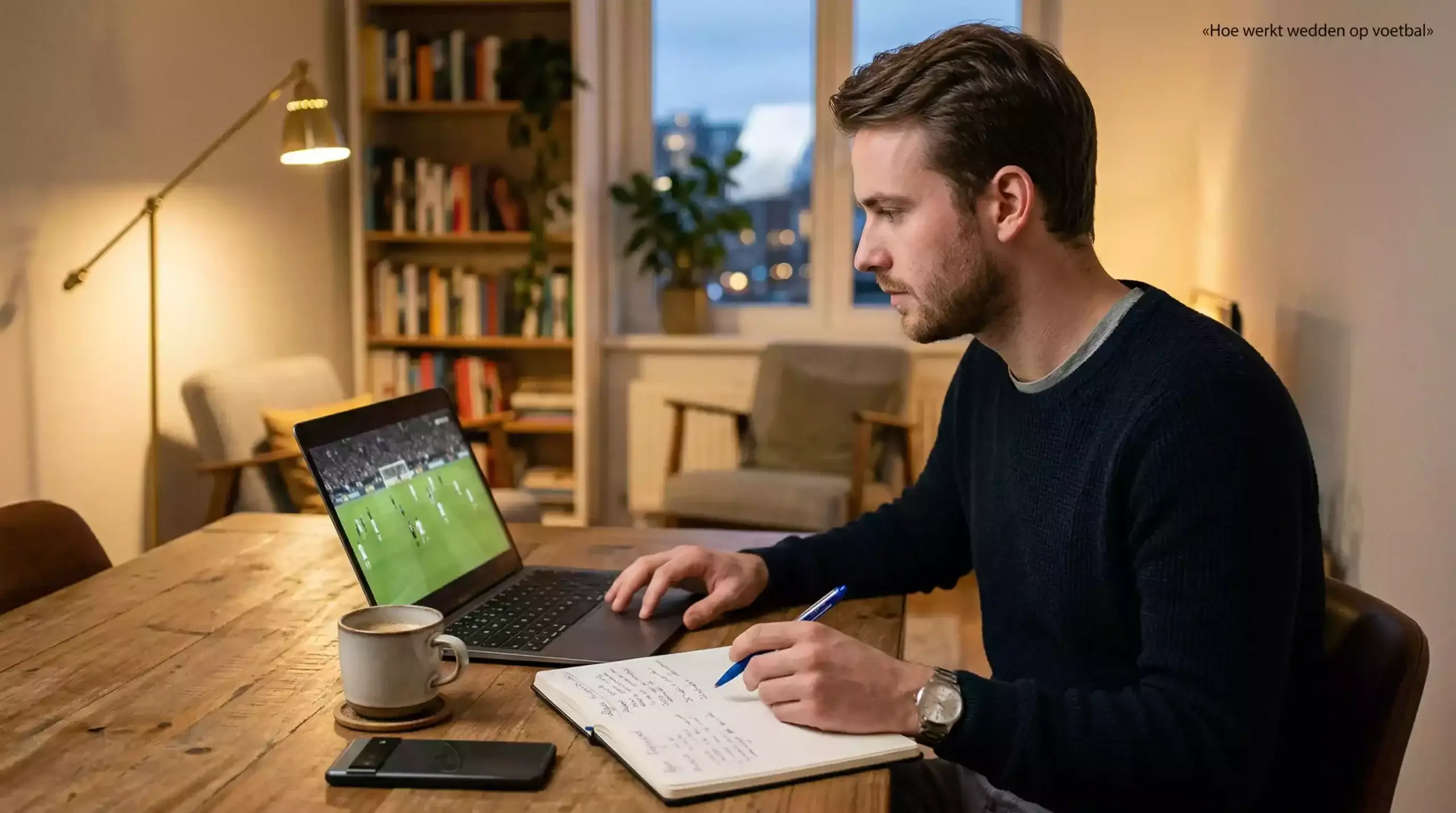 Beginnende wedder analyseert voetbalwedstrijden op laptop