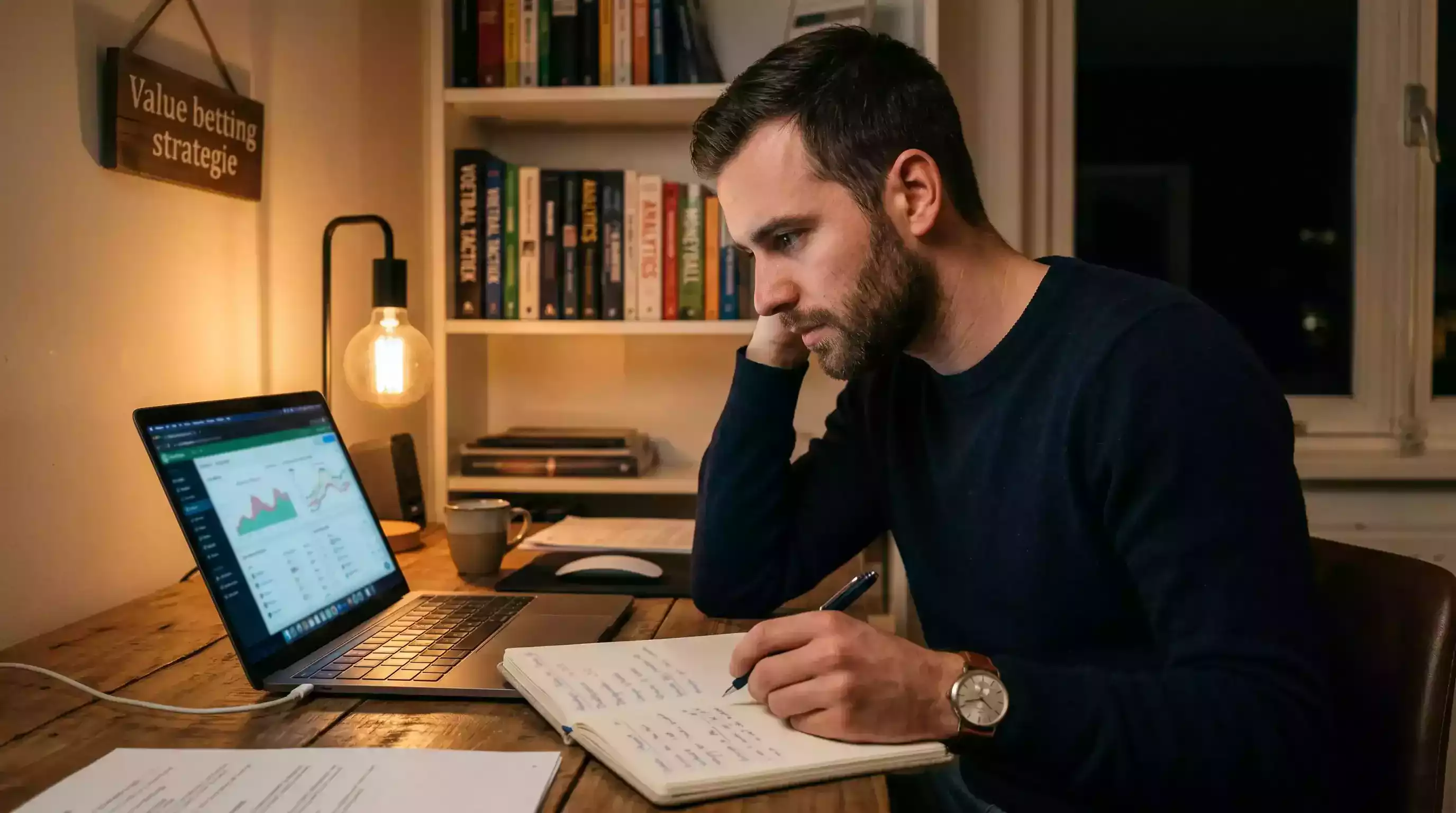 Value betting strategie: wedder analyseert voetbalwedstrijd op laptop