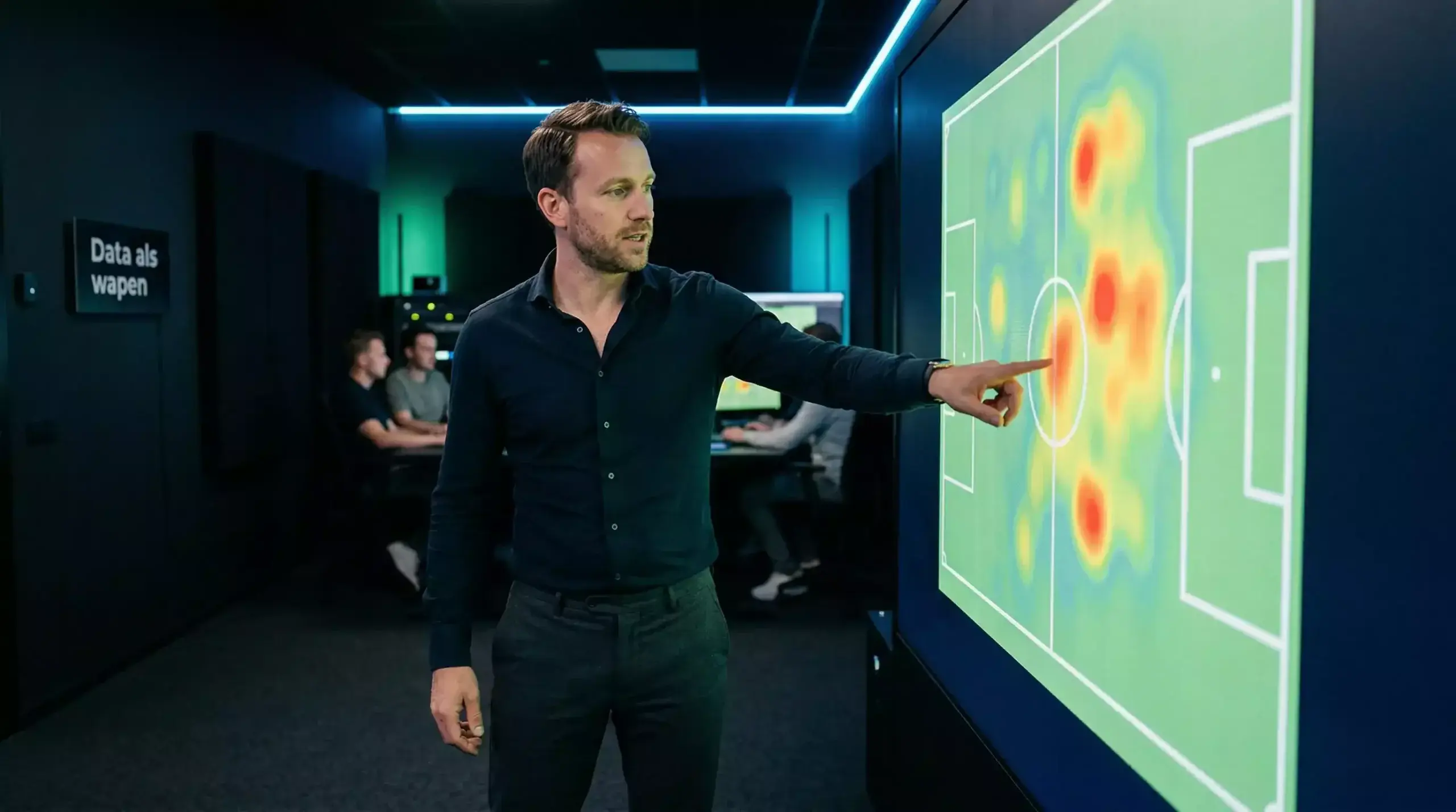 Analist bestudeert voetbalstatistieken op groot scherm met xG-data