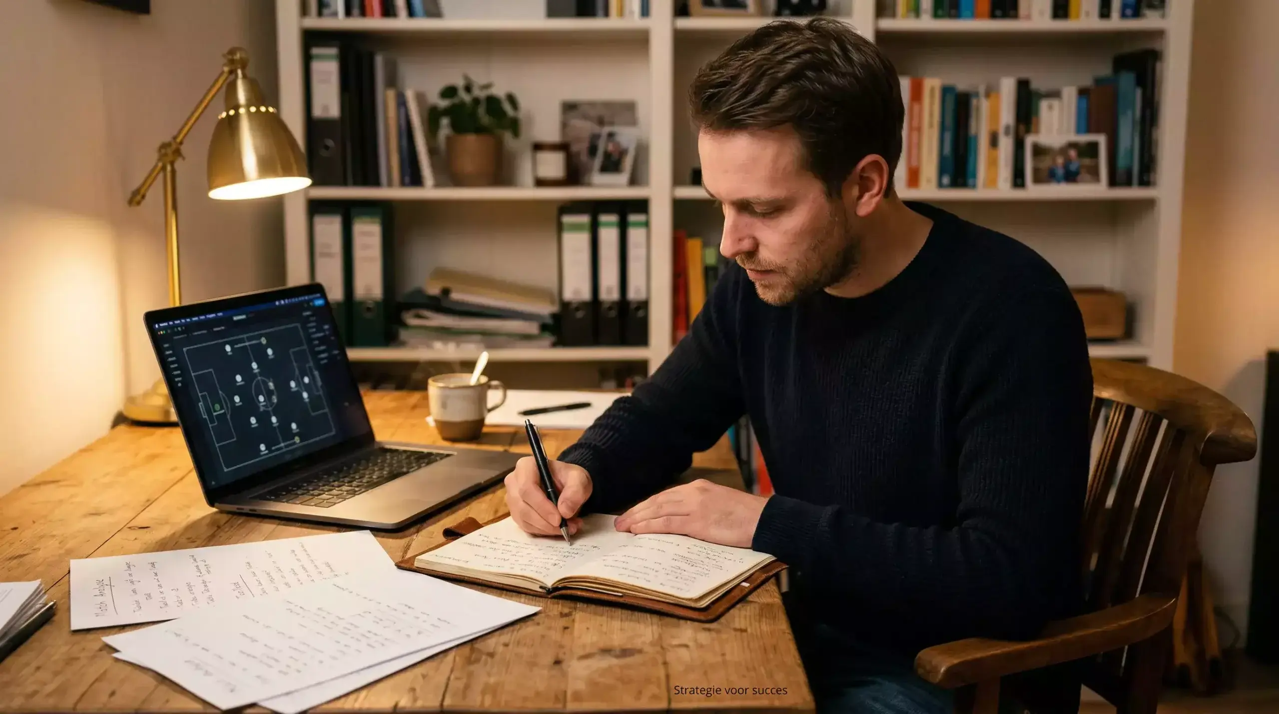 Serieuze wedder analyseert voetbalwedstrijden met notitieboek en laptop